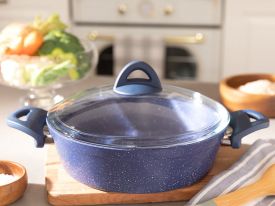 Pure Granite Shallow Pot With Glass Lid 26 Cm Navy Blue