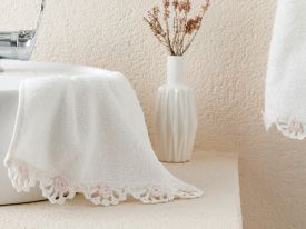 Wave Flower Crocheted Hand Towel 30x45 Cm Ecru - Powder Pink