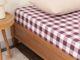 Gingham Cotton Fitted Bed Sheet Super King 200x200 Damson