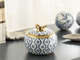 Little Bird Porcelain Cube 13.5x13.5x11.5 Cm Mavi-Beyaz-Gold