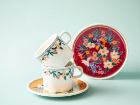 Flower Spree Porcelain 2 Set Tea Cup Set 200 ML Mustard-Pink
