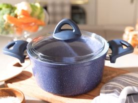 Pure Granite Deep Cookware With Glass Lid 24 Cm Navy Blue