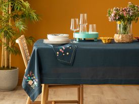 Flower Spree Polyestere Embroidered Table Cloth 150x220 Cm Dark Blue