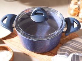 Pure Granite Deep Cookware With Glass Lid 20 Cm Navy Blue
