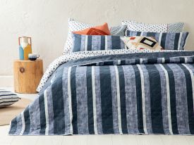 Denim Stripe Multipurpose Double Person Bed Quilt Set 200x220 Cm Dark Blue