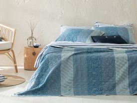 Patchy Stripe Multipurpose Double Person Bed Quilt Set 200x220 Cm Blue