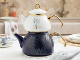 Toile Botanical Enamel Tea Pot 1.1 Litre + 2.3 Litre Dark Blue - White