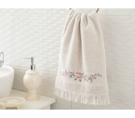 Floral Stripe Embroidered Face Towel 50x80 Cm Light Beige