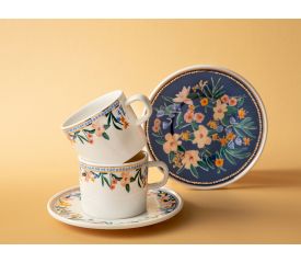 Flower Spree Porcelain 2 Set Tea Cup Set 200 ML White-NavyBlue