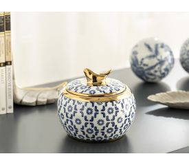 Little Bird Porcelain Cube 13.5x13.5x11.5 Cm Mavi-Beyaz-Gold