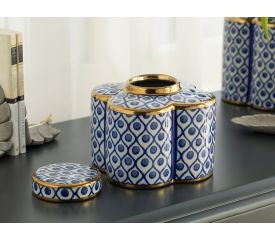 Stephanie Porcelain Cube 16.5x16.5x16.5 Cm Mavi-Beyaz-Gold
