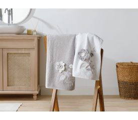 Lacy Rose Appliqué 2 Pieces Towel Set in Box 50x80 Cm White - Gray