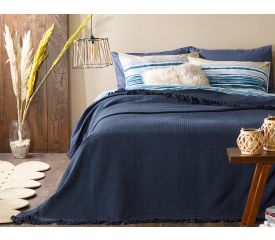 Plaid Cotton Bedspread Double Size 240x260 Cm Navy Blue